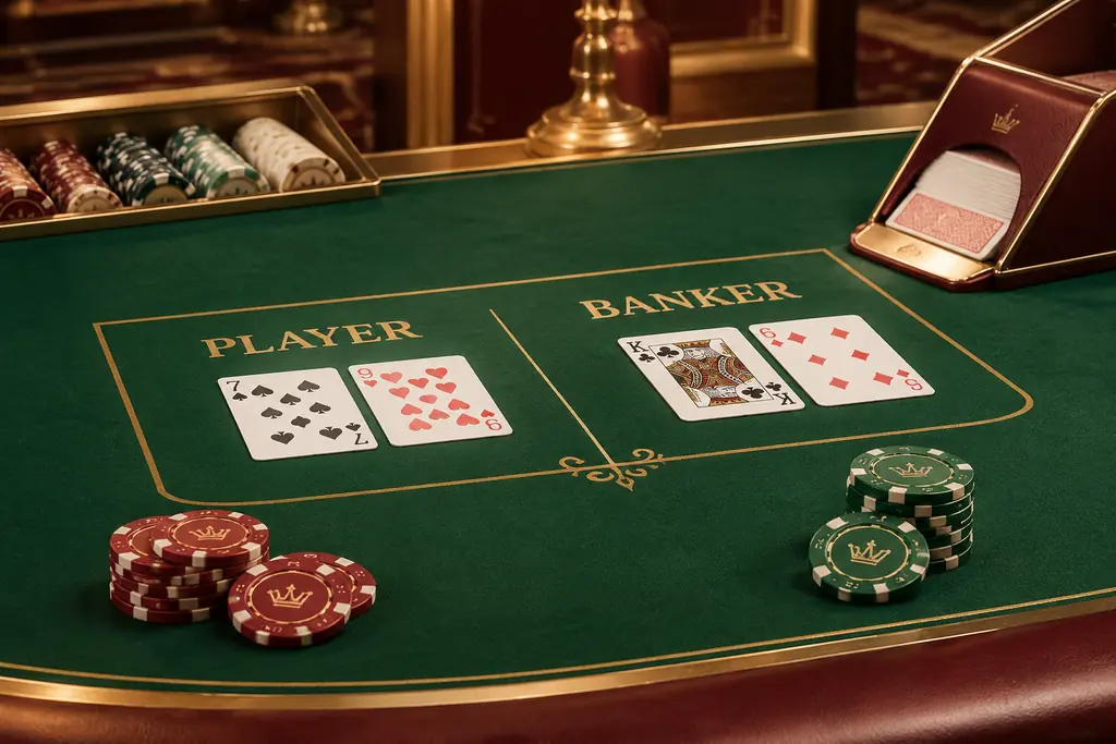 Meja baccarat dengan kartu dan tumpukan chip