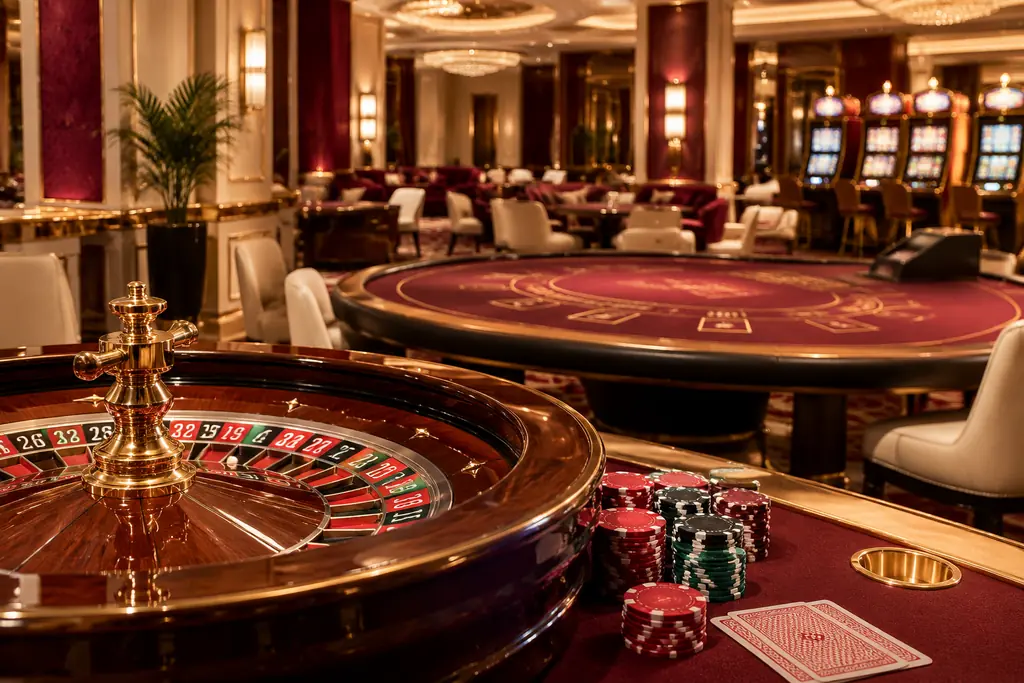 Meja roulette dan kartu di ruang kasino bernuansa terang