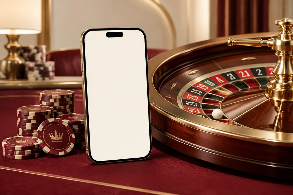 Ponsel di samping chip dan meja roulette