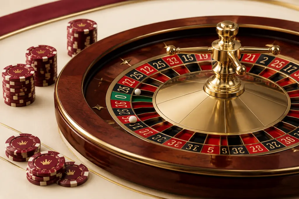Roda roulette dengan bola putih dan chip
