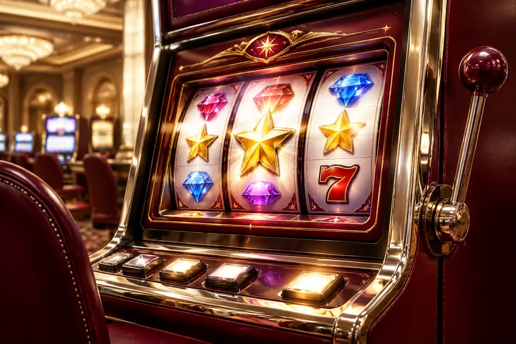 Mesin slot dengan permata warna-warni di ruang kasino